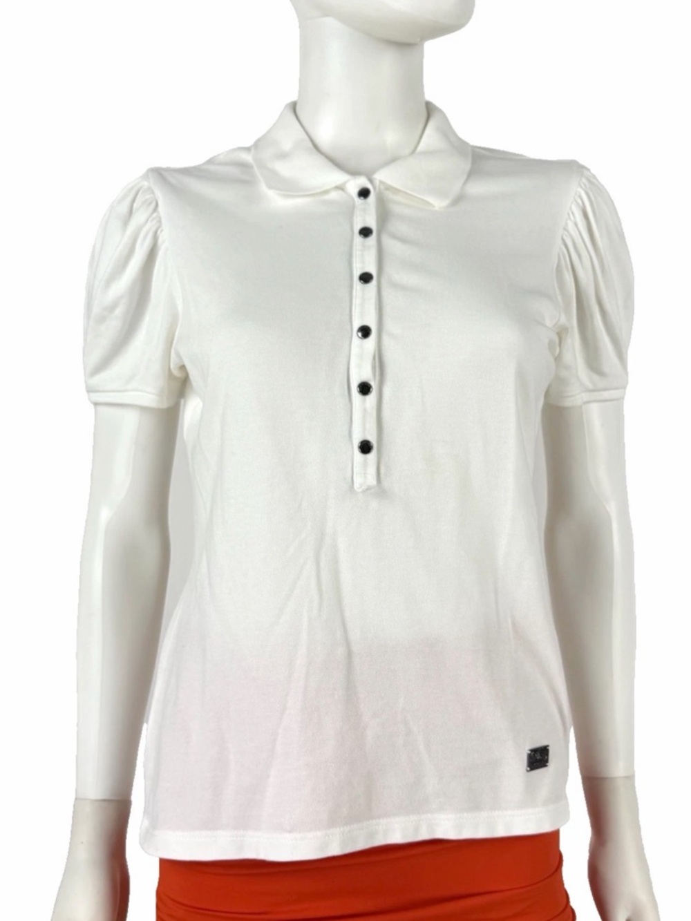 Burberry White Button-Front Polo Top with Puff Sleeves